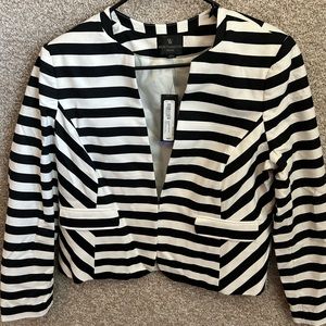 Worthington Women Petite Merriment Black White Stripe Long Sleeve Blazer Size 14